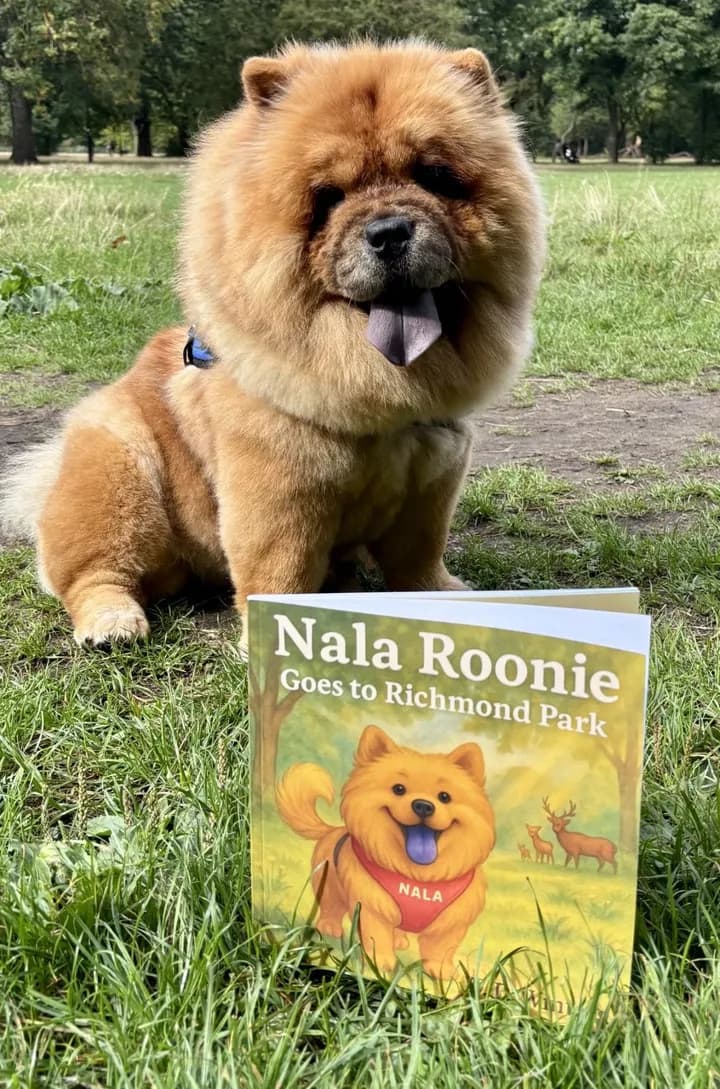 The real Nala Roonie sitting in Richmond Park beside her book